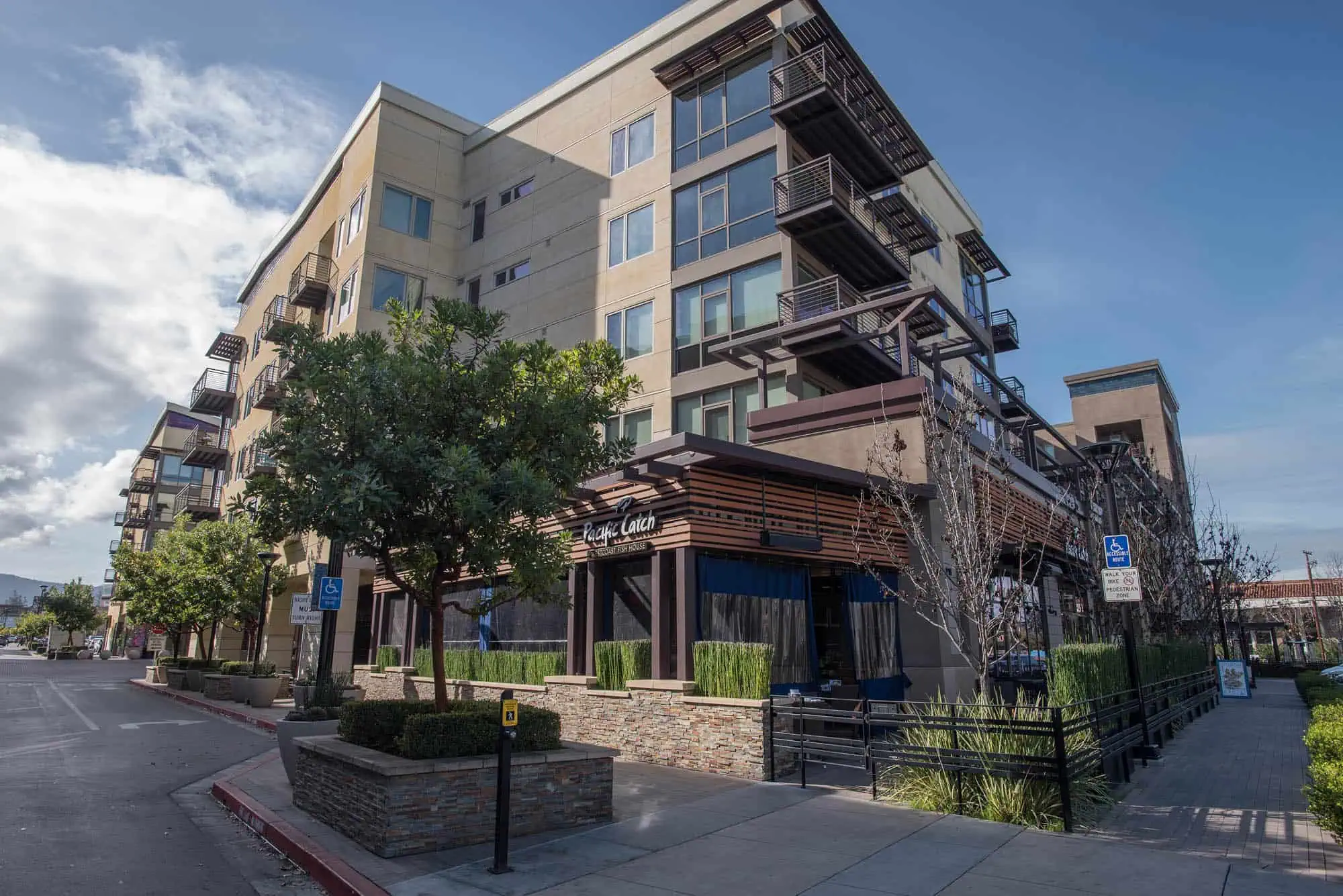 Corner angle view of Village of Residences apartments in Mountain View, CA