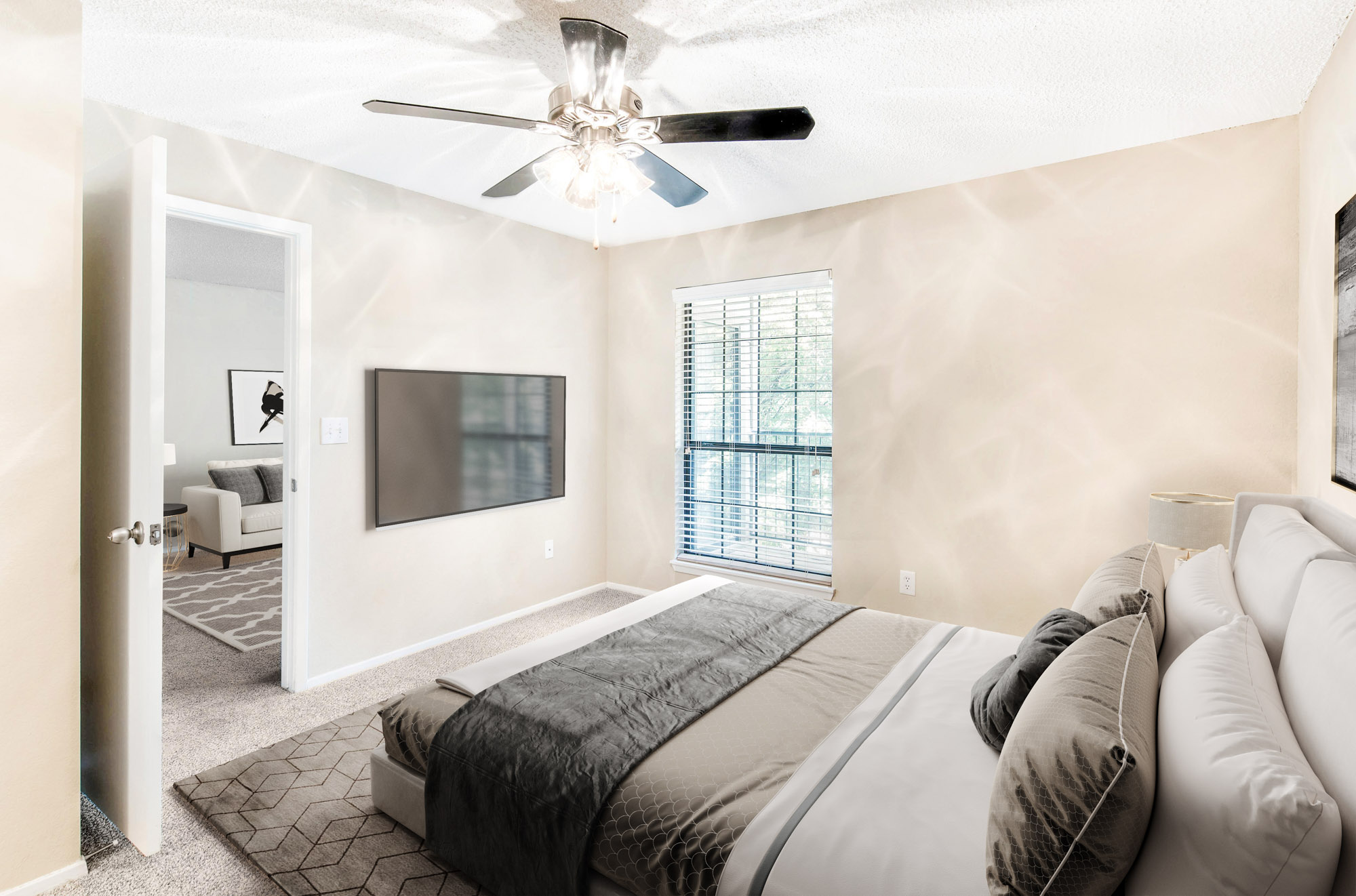 A bedroom at Canyon Chase apartments in Westminster, CO.