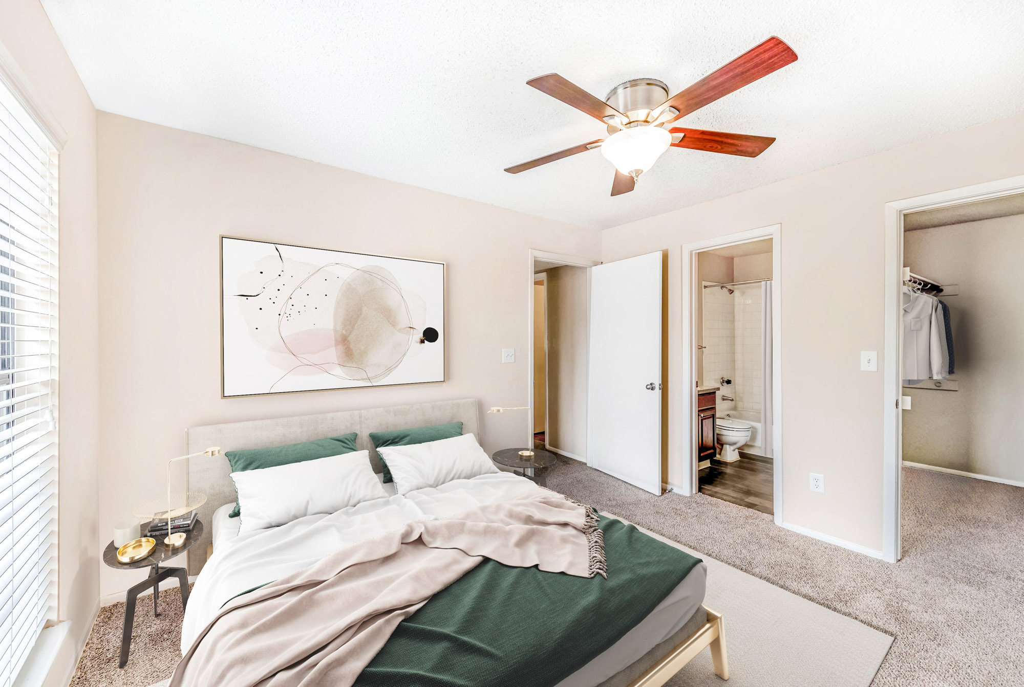 A bedroom at Canyon Chase apartments in Westminster, CO.