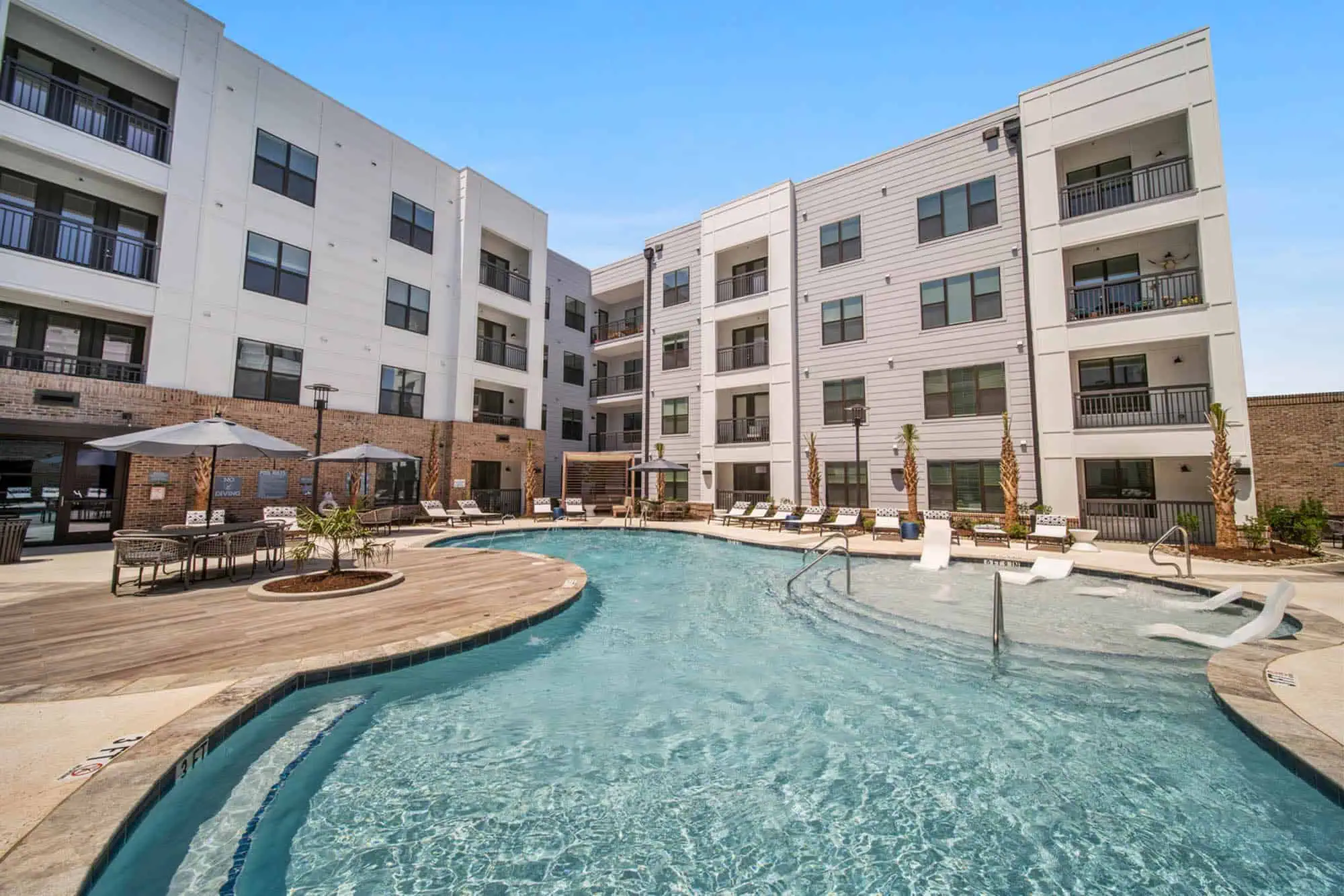 The pool at Flats on Front apartments in Wilmington, NC.