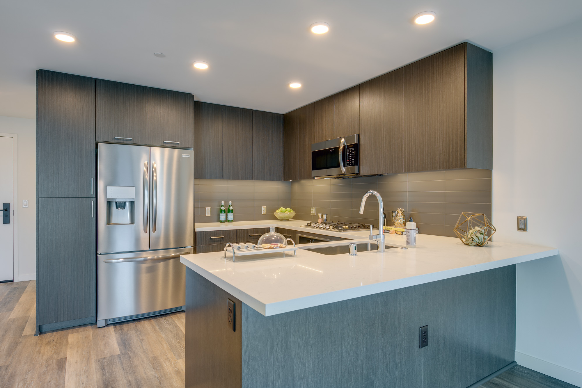 Kitchen space at The Merian Apartments in San Diego, California.