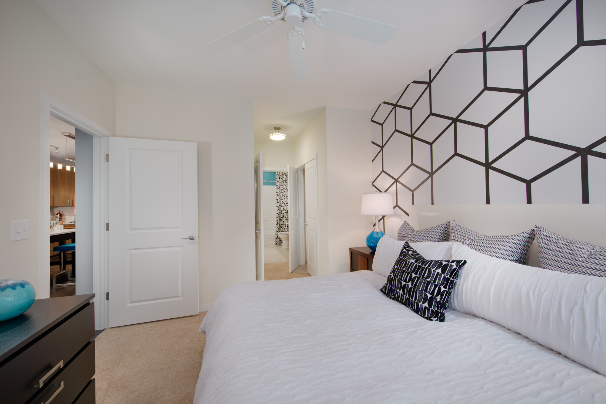 The bedroom in The Parker at Huntington Metro apartment in Alexandria, VA.