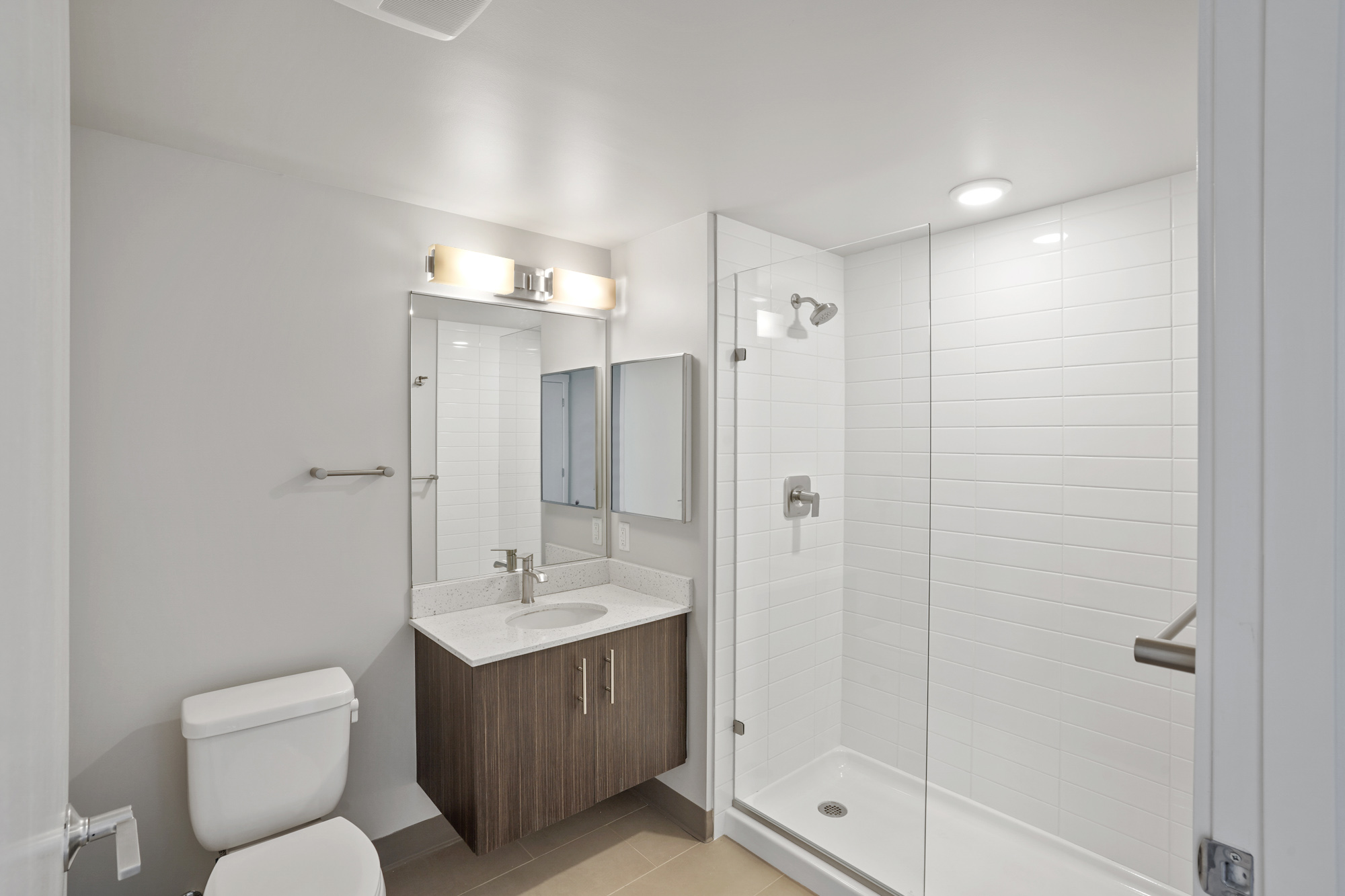 A bathroom in a Cielo luxury apartment in downtown Seattle.