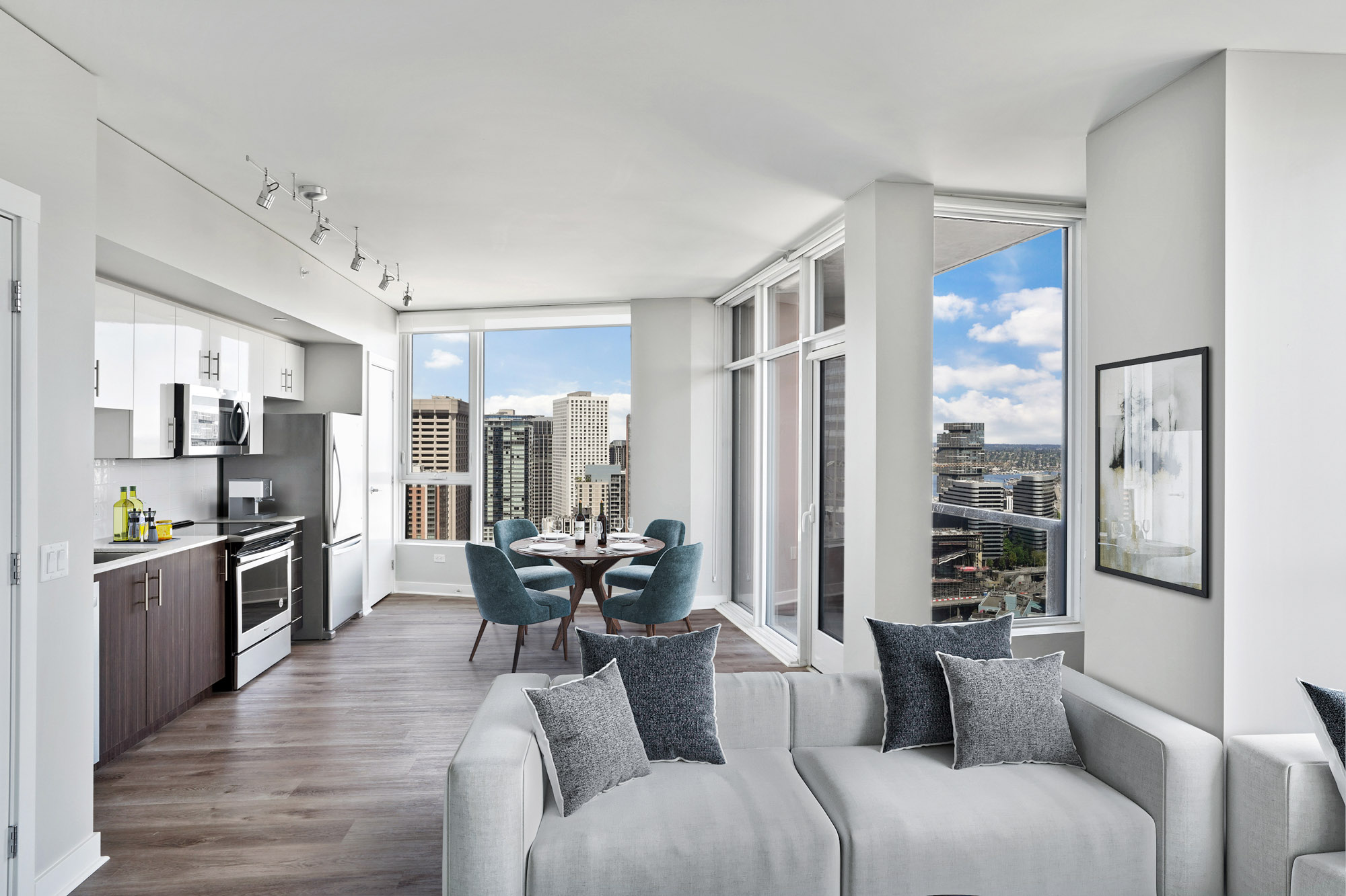 A living area in a Cielo luxury apartment in downtown Seattle.