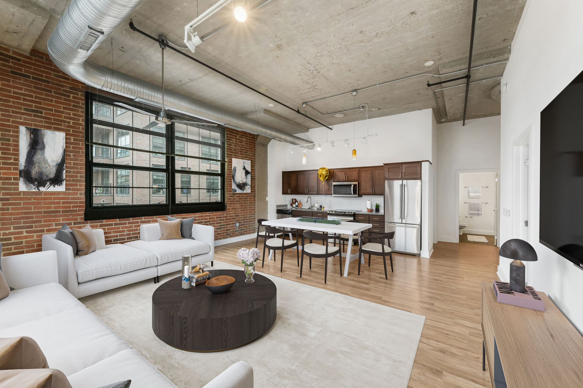 The living room in a Foundry Lofts apartment in Washington, D.C.