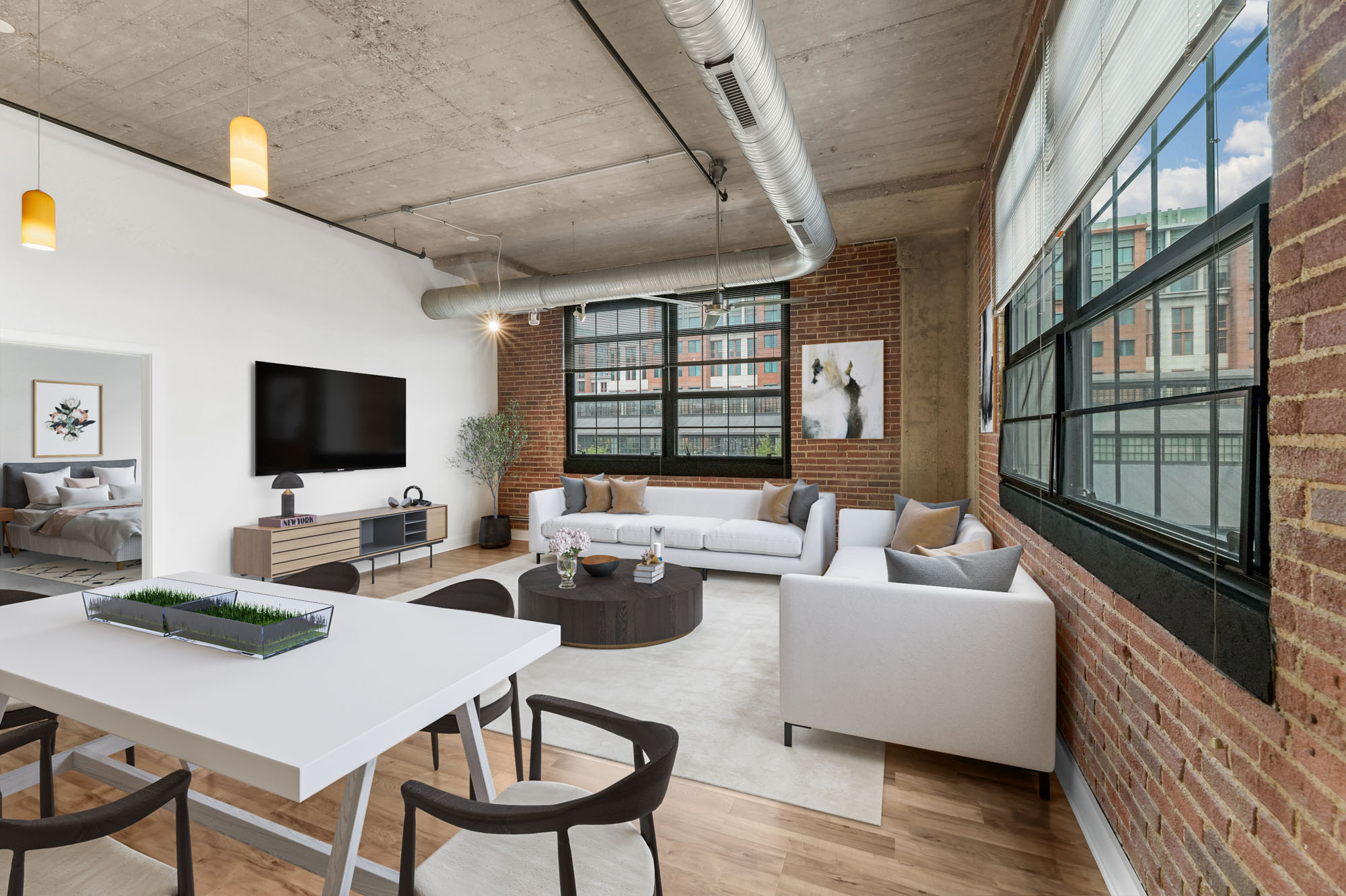 The living room in a Foundry Lofts apartment in Washington, D.C.