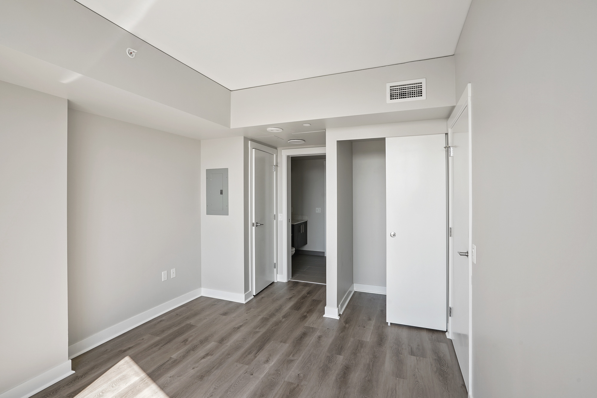 A bedroom in a Cielo luxury apartment in downtown Seattle.