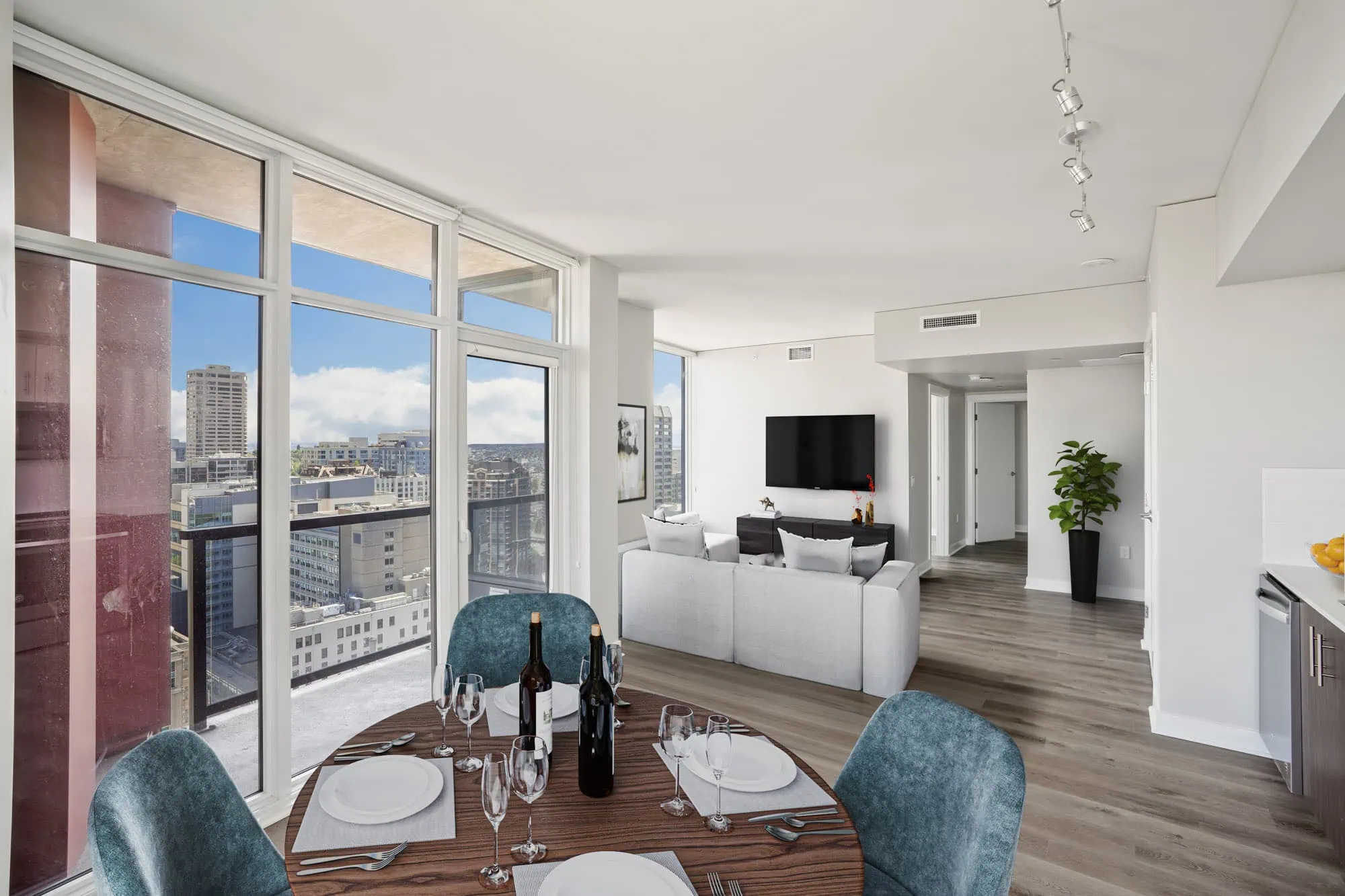 A living area in a Cielo luxury apartment in downtown Seattle.
