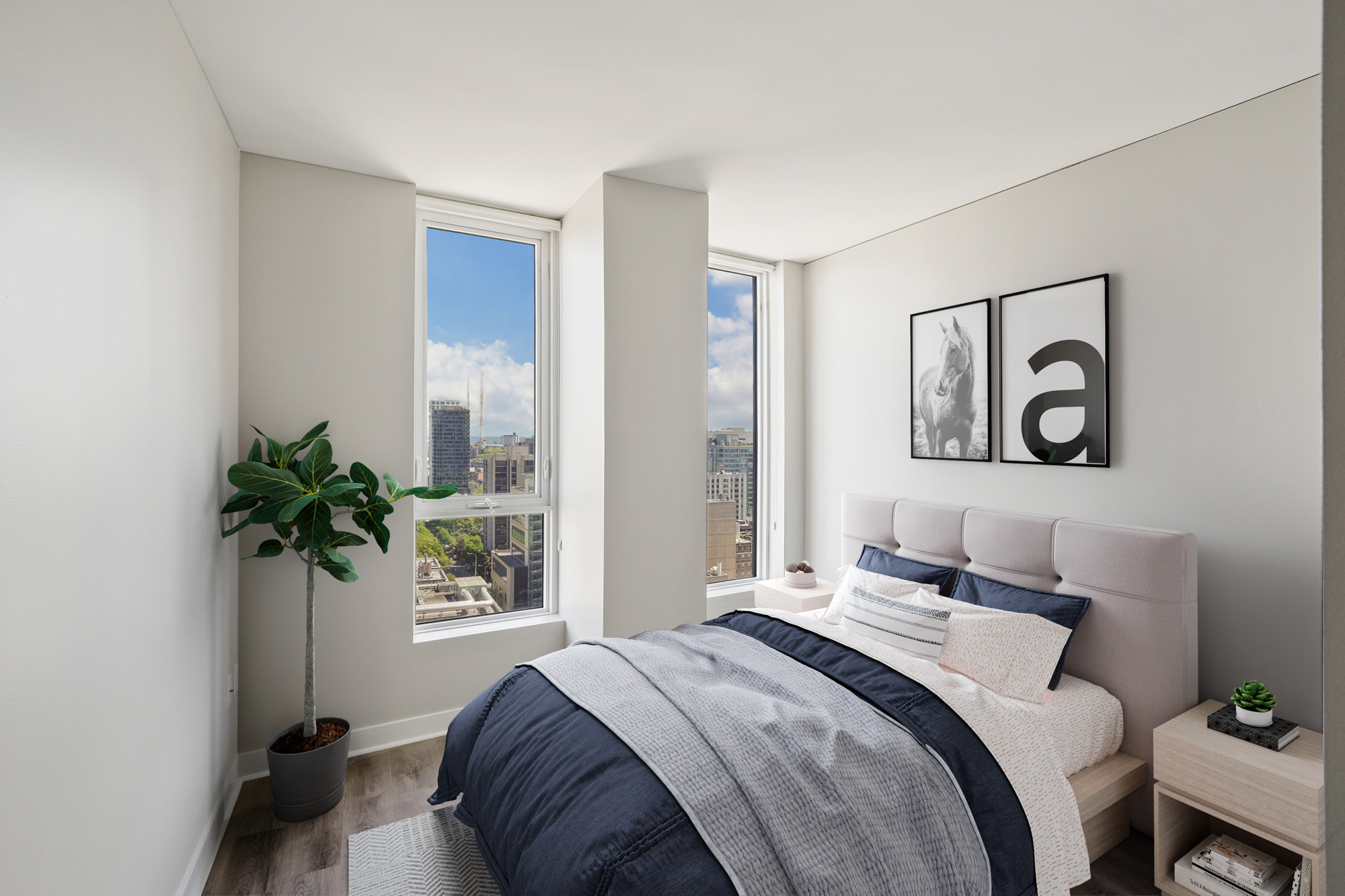 A bedroom in a Cielo luxury apartment in downtown Seattle.