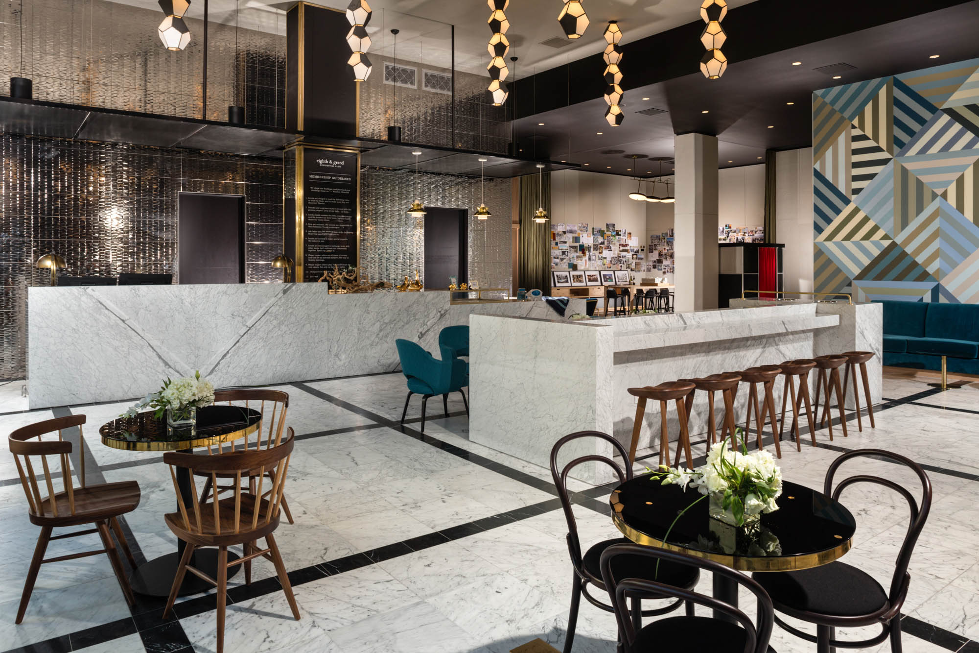 The grand lobby at 8th and Grand apartments in Los Angeles, California.