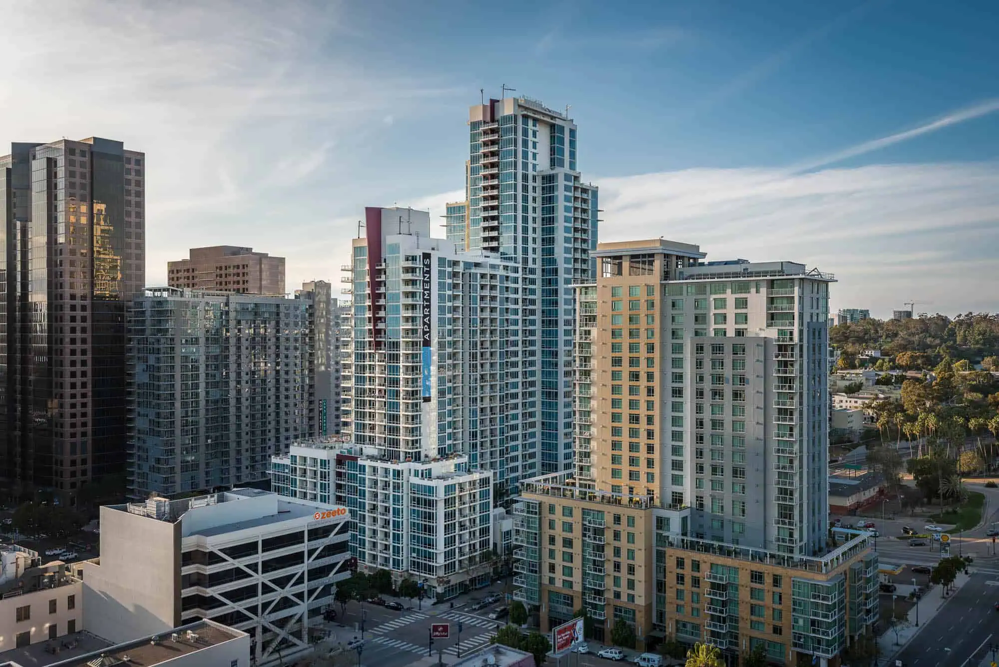 City view of Vantage Pointe apartments in San Diego, CA