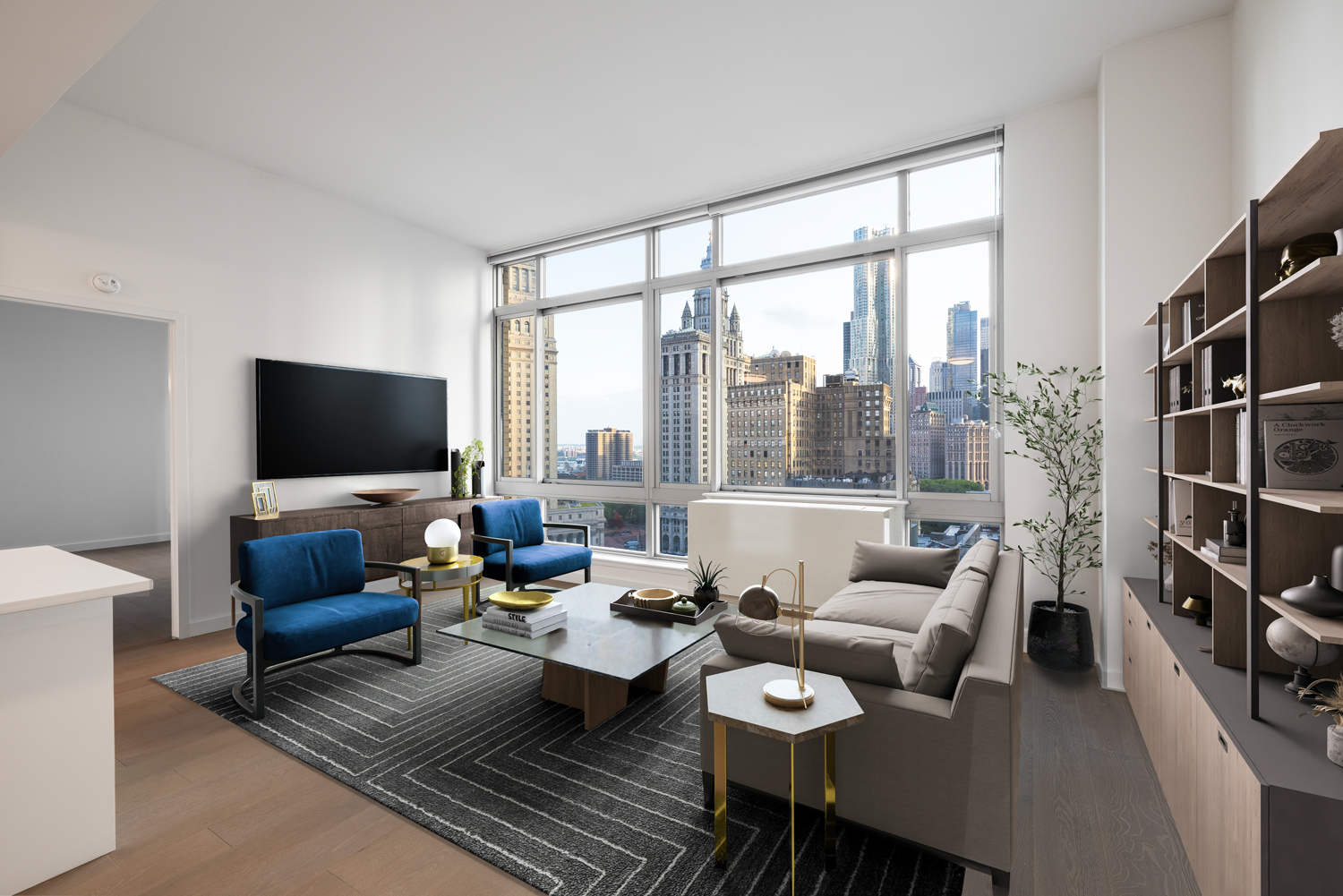 Living area of an apartment at 111 Worth with views of the city.