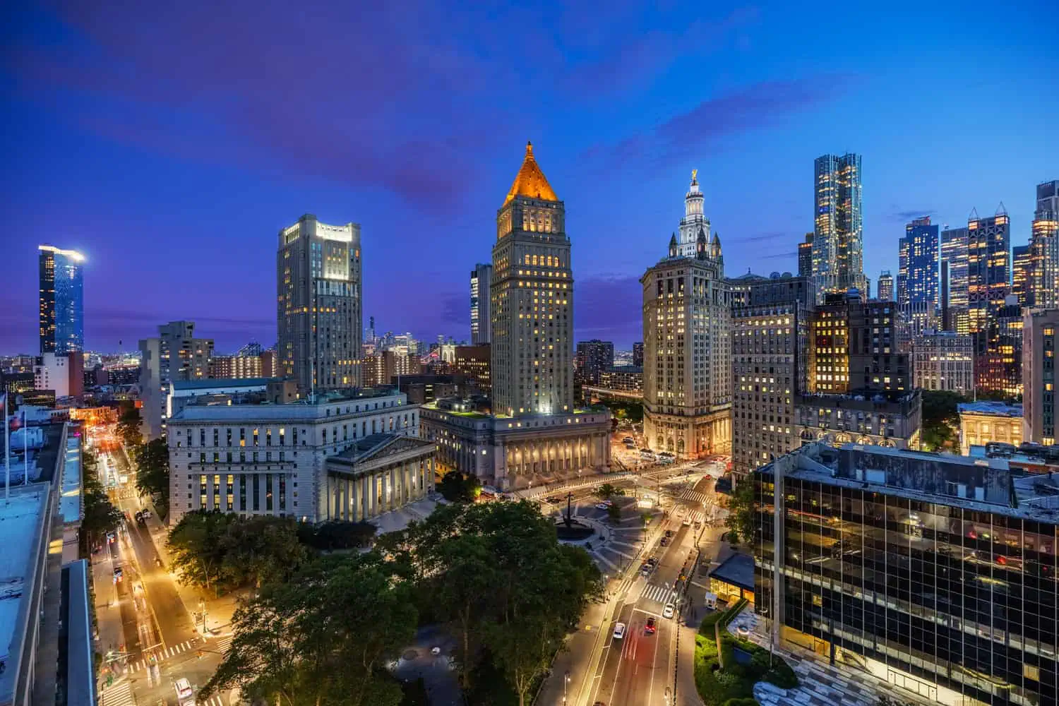 The heart of City Hall and Tribeca from the rooftop of 111 Worth.