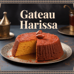 Gateau harissa découpé en losanges avec amandes et sirop sur plateau oriental