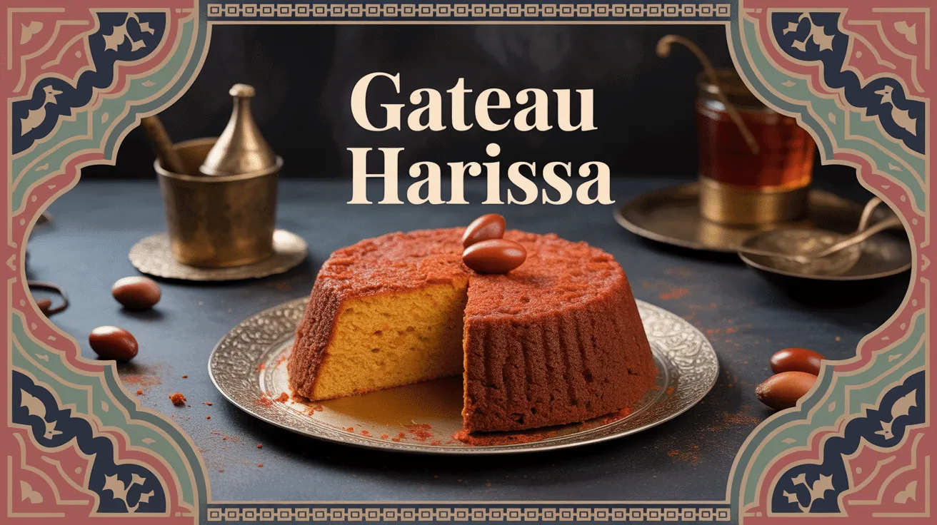 Gateau harissa découpé en losanges avec amandes et sirop sur plateau oriental