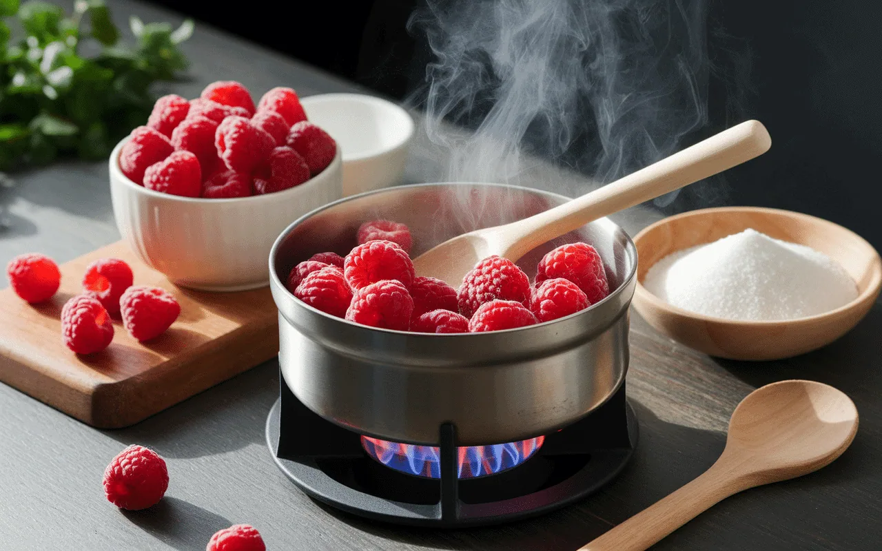 Préparation gelée de framboises avec sucre cristallisé