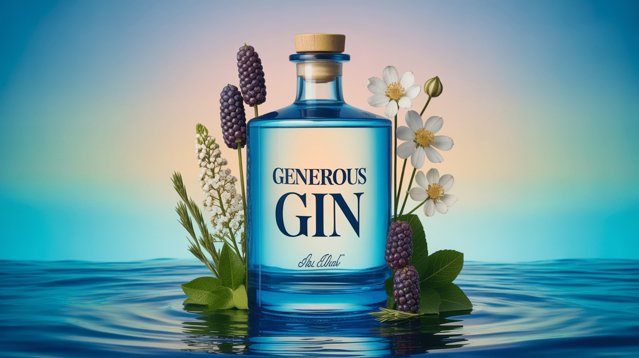 Bouteille Generous Gin transparente entourée de botaniques