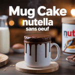 Mug cake nutella sans oeuf fumant sur table avec ingrédients