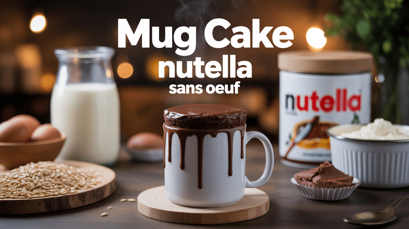 Mug cake nutella sans oeuf fumant sur table avec ingrédients