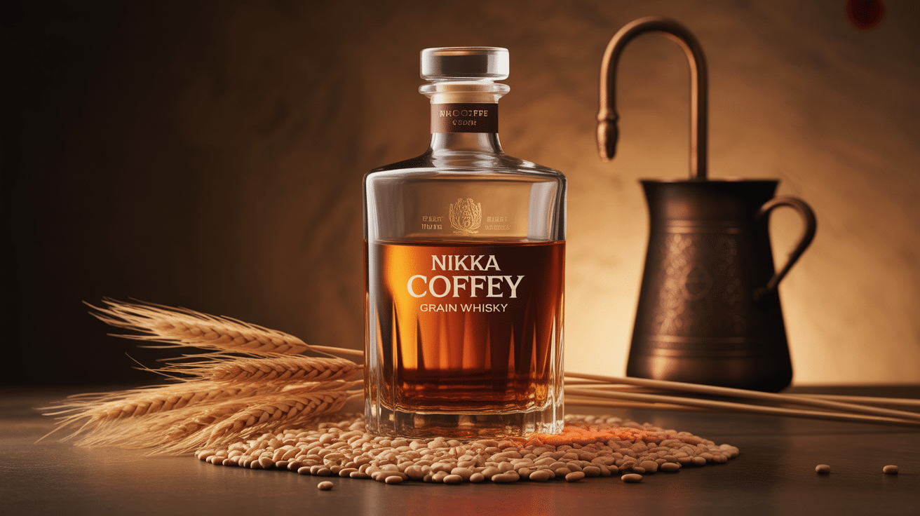 Bouteille nikka coffey grain whisky sur bois avec alambic