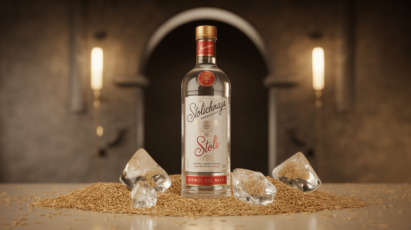bouteille stolichnaya stoli vodka premium grains de blé glace