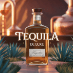 bouteille de tequila luxe élégante avec agave bleu au coucher du soleil