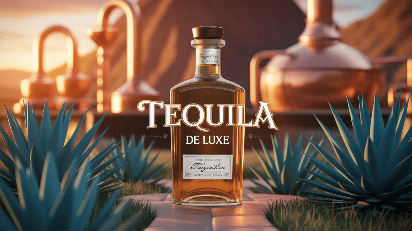 bouteille de tequila luxe élégante avec agave bleu au coucher du soleil