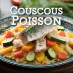 Couscous poisson traditionnel, semoule, légumes, poisson blanc