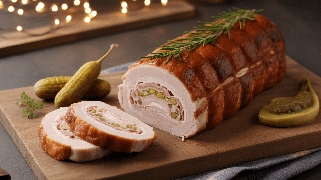 galantine de porc sur planche avec pistaches et cornichons