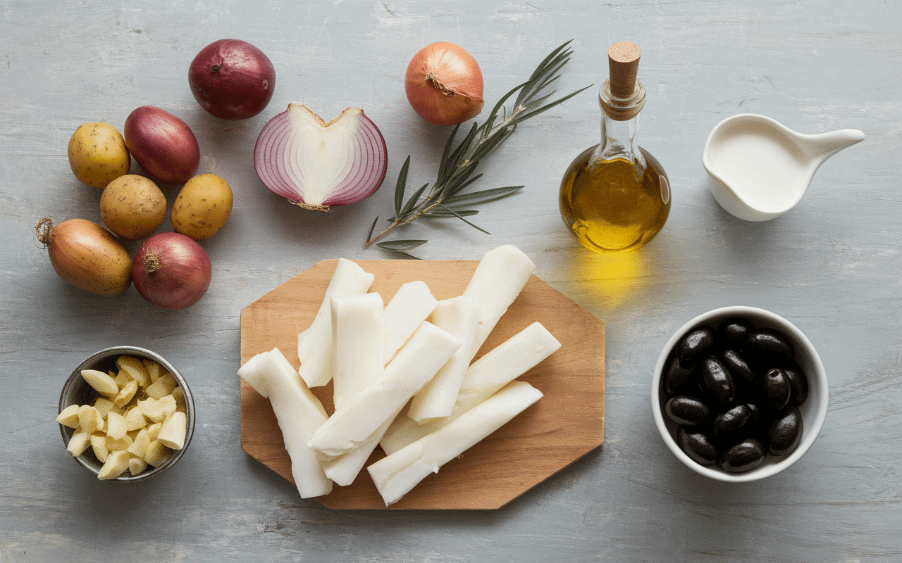 ingredients frais morue a braga sur bois
