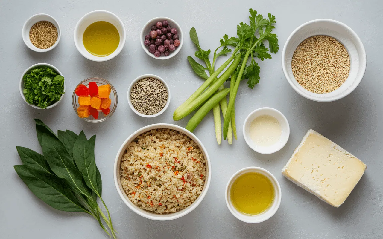 Ingrédients pour poivrons farci vegetarien disposition