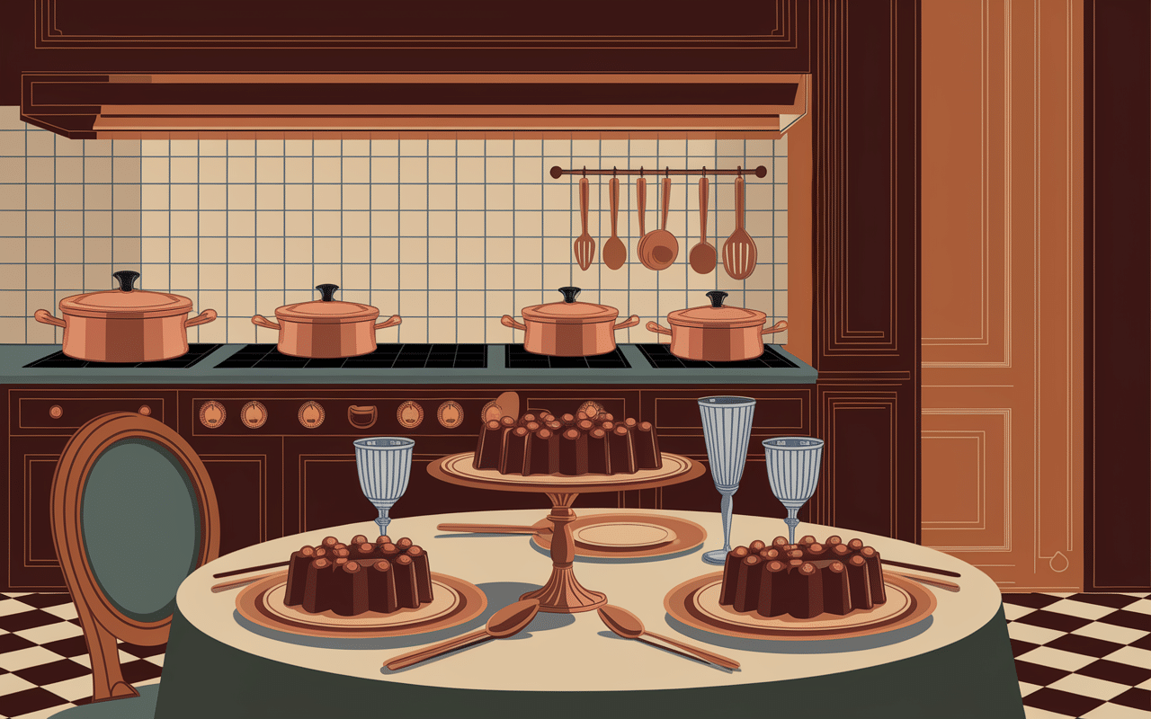 Cuisine vintage, marquise en cuisine sur table aristocratique