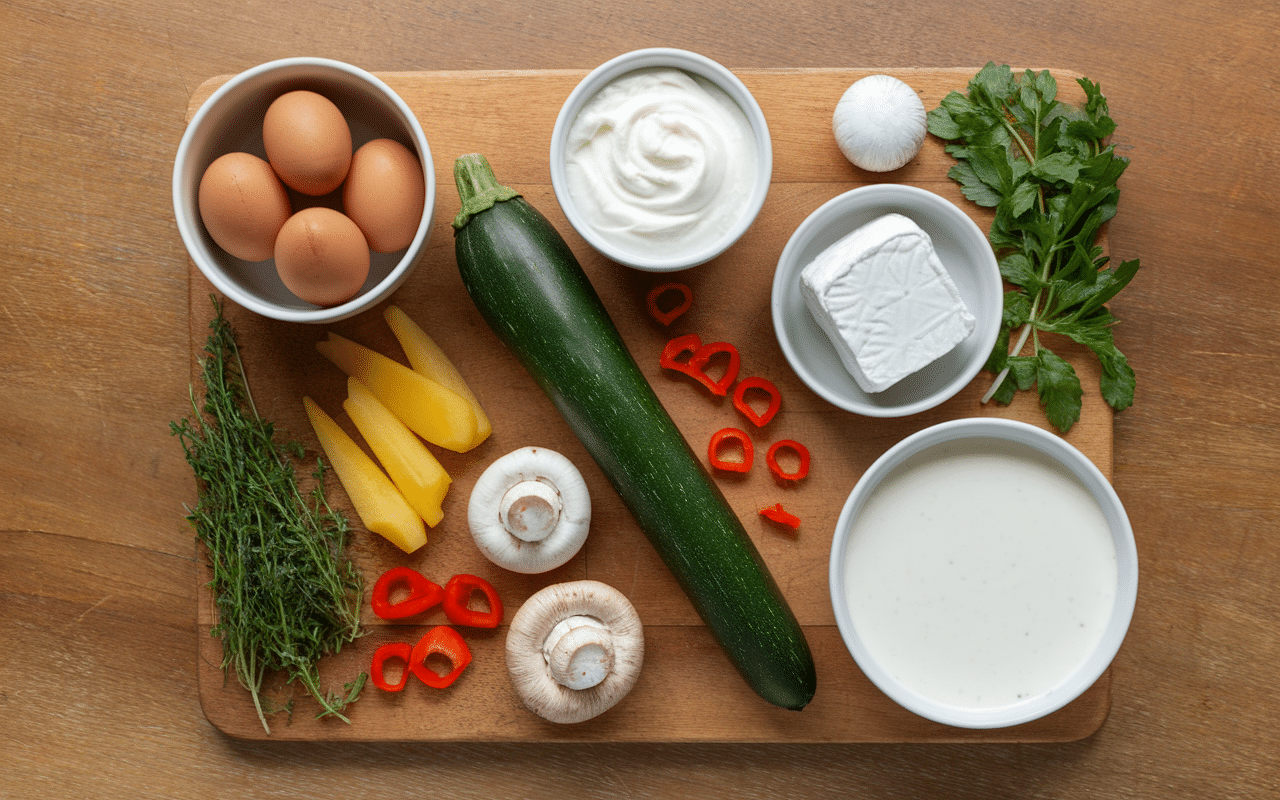 ingrédients pour quiche aux legume sans pate sur plan de travail