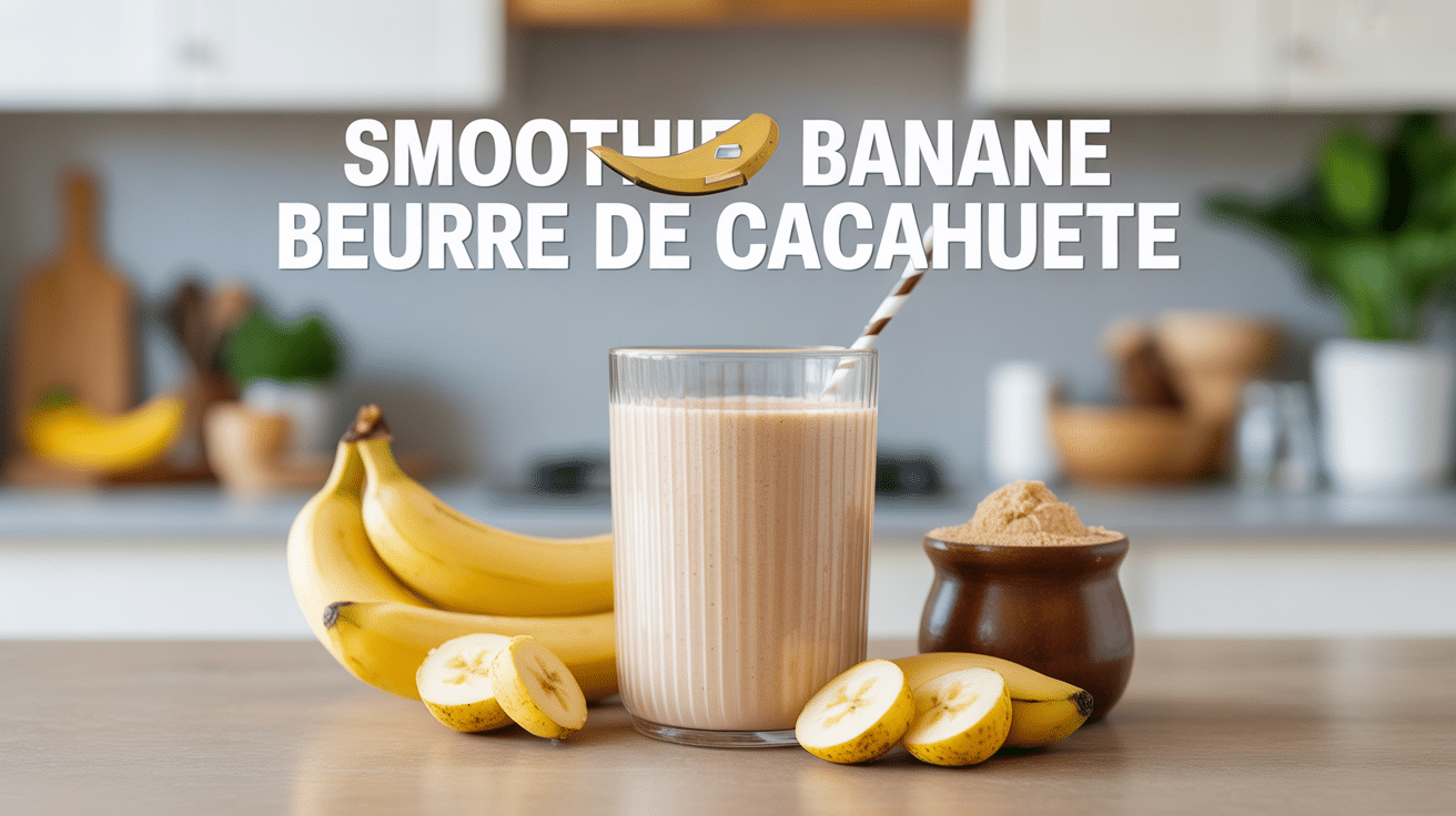 Smoothie banane beurre de cacahuete dans verre avec bananes et beurre de cacahuete