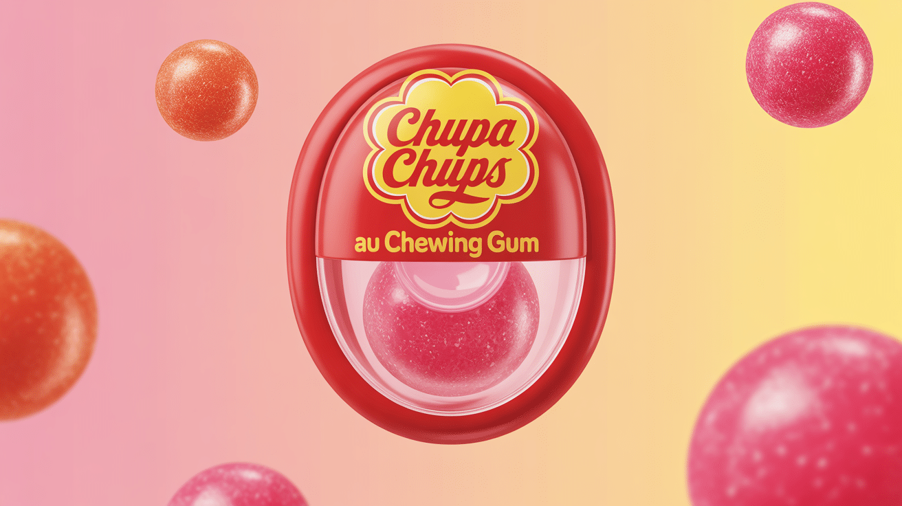 une chupa chups au chewing gum rouge avec gomme rose visuel fun