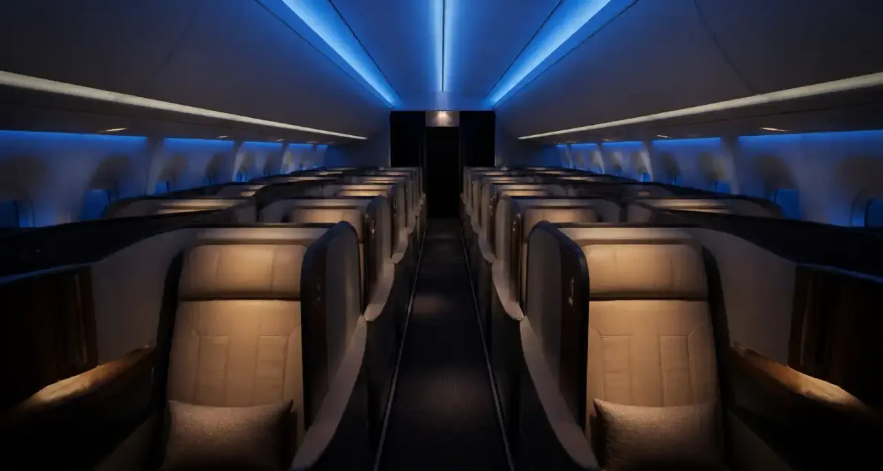 Cabine d'avion en classe affaires, intérieur soigné et lumineux