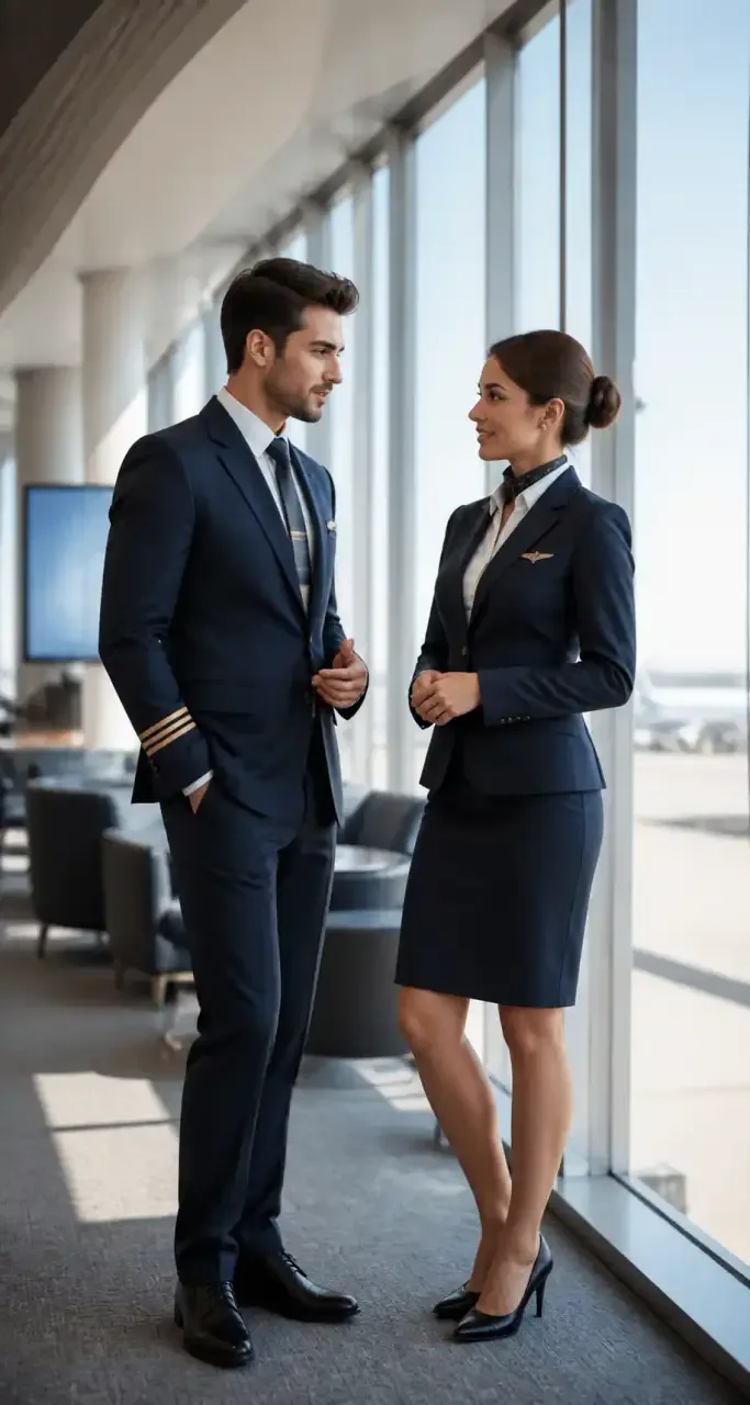 Steward et hôtesse de l'air à l'aéroport lors d'une session de recrutement