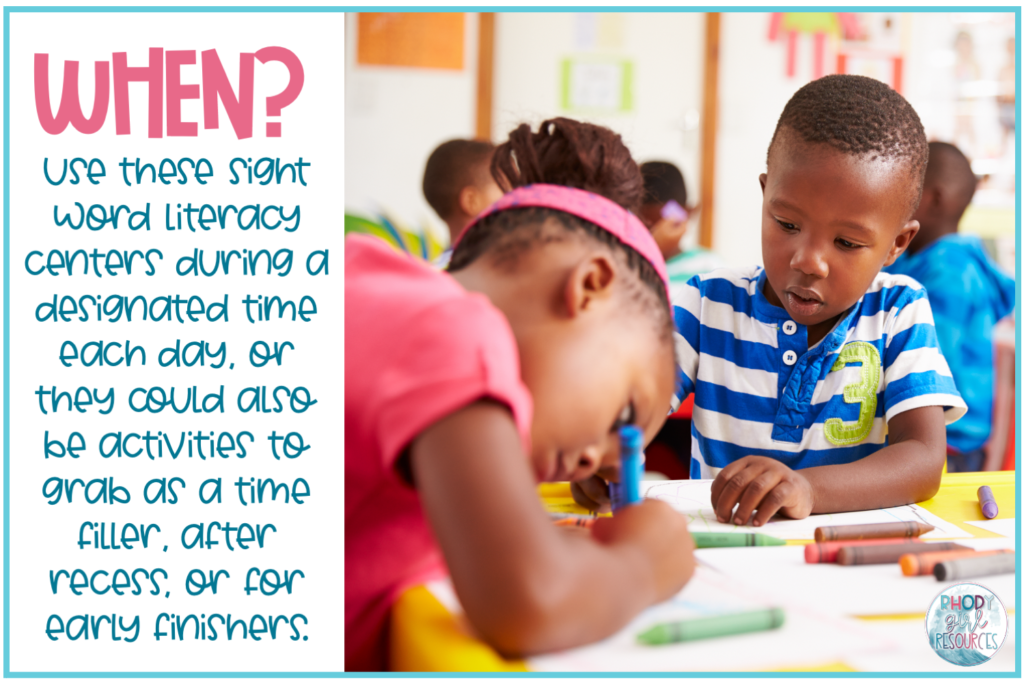2 students doing high frequency word activities for kindergarten in a classroom
