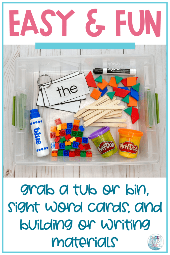 a bin filled with popsicle sticks, building blocks, pattern blocks, and play dough to be used to make interactive sight word activities.