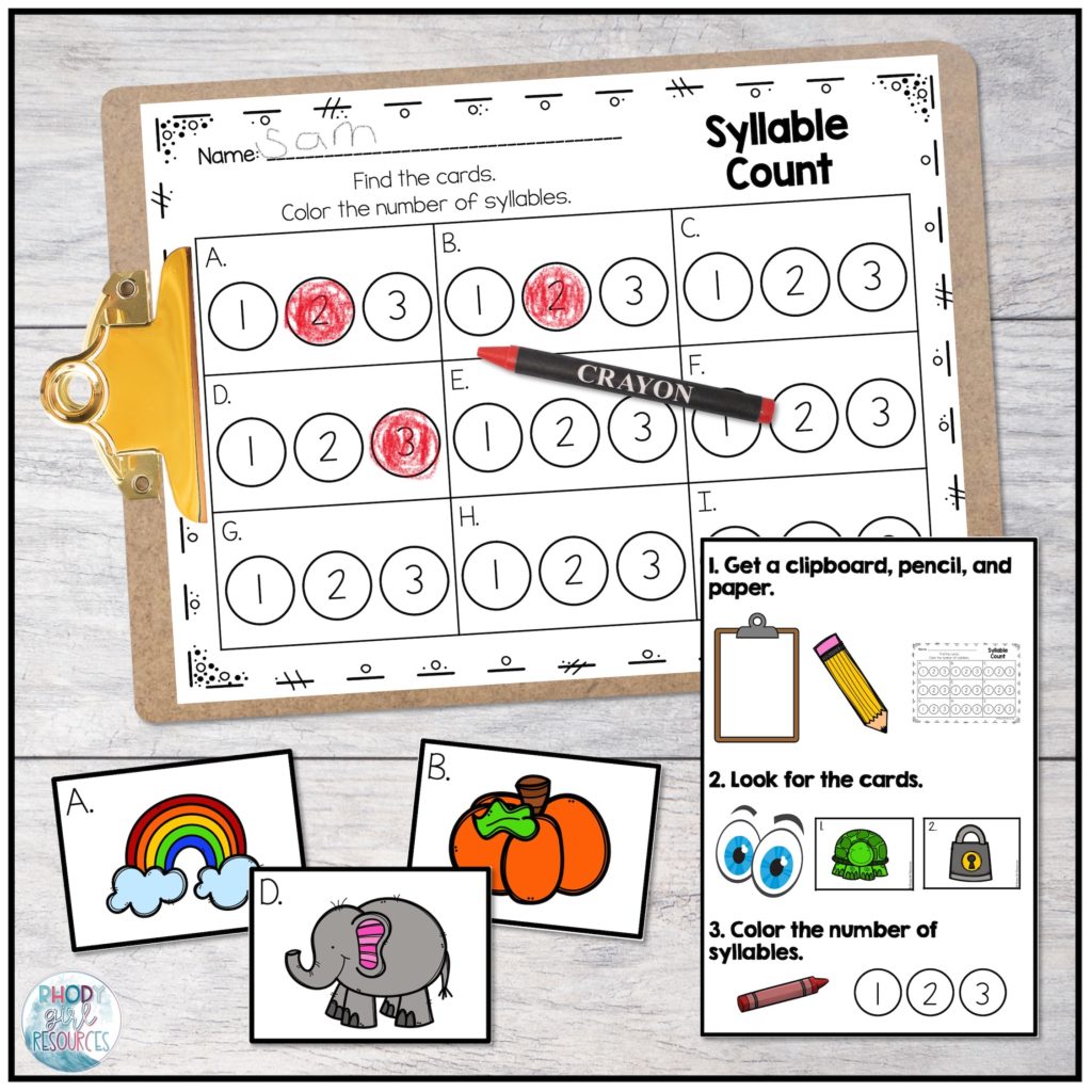 Phonemic awareness write the room activity focusing on syllables. 