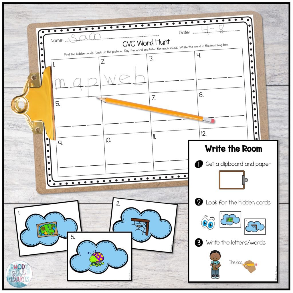 Phonics write the room activity focusing on CVC words. 