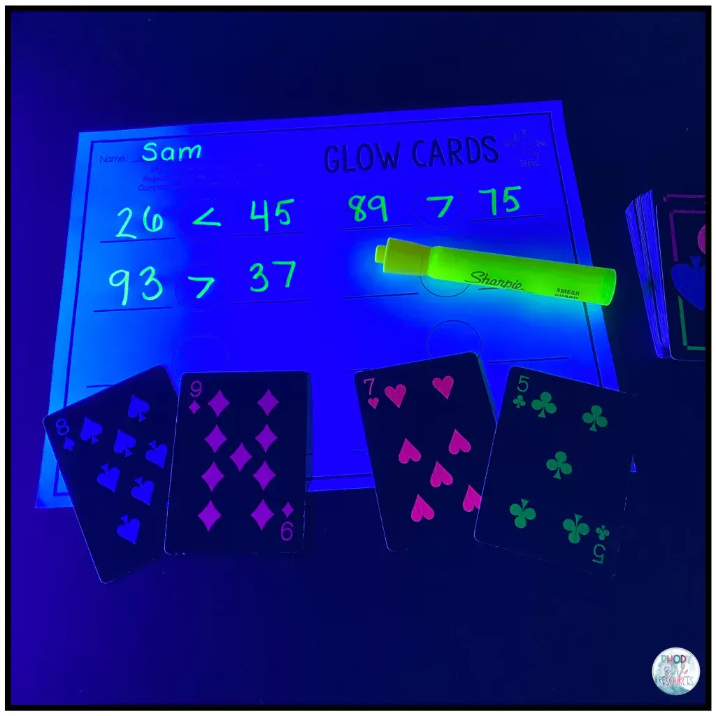 Students playing math game by flipping over two cards each and comparing the value using <, >, or =.