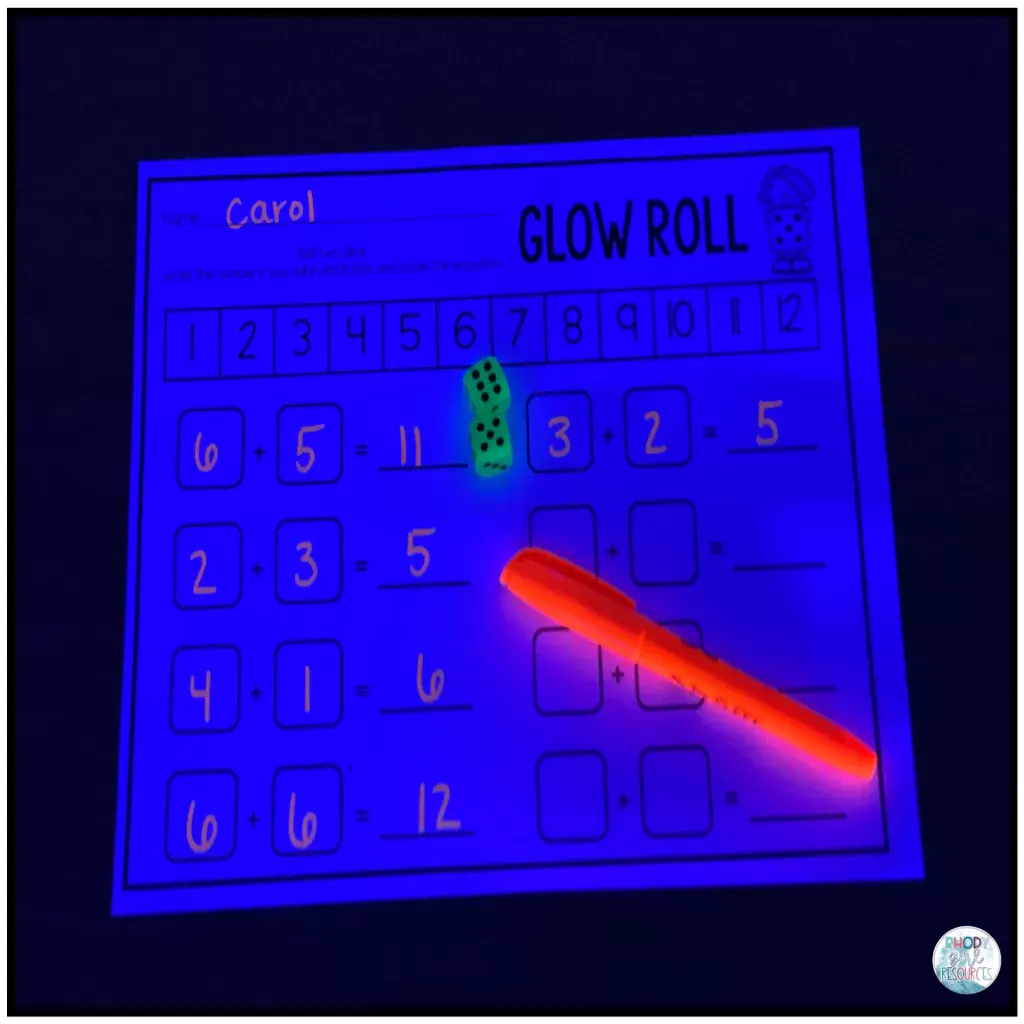A recording sheet showing how to rll and add two dice. 