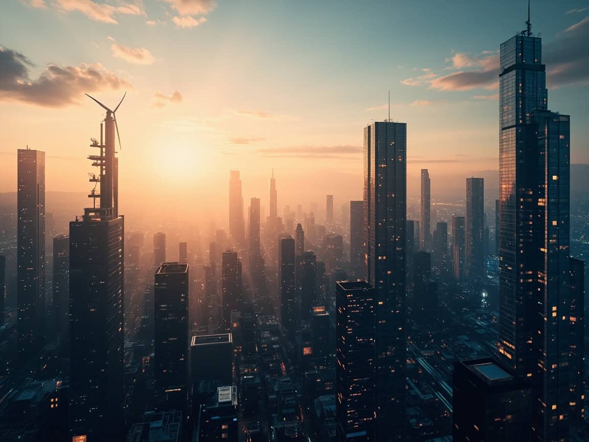 AI와 친환경 에너지 기술이 통합된 미래 도시 전경