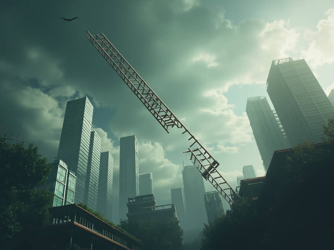 어려워진 한국의 계층 이동성을 상징하는 사다리를 배경으로 복잡한 도시 풍경