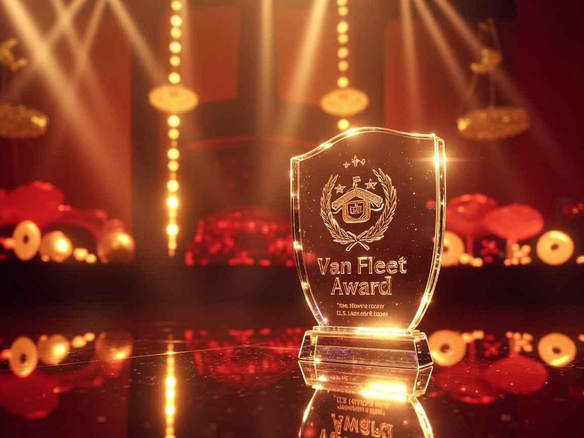 밴플리트상 수상식에서 품격 있는 실내 공간과 상패를 강조한 장면