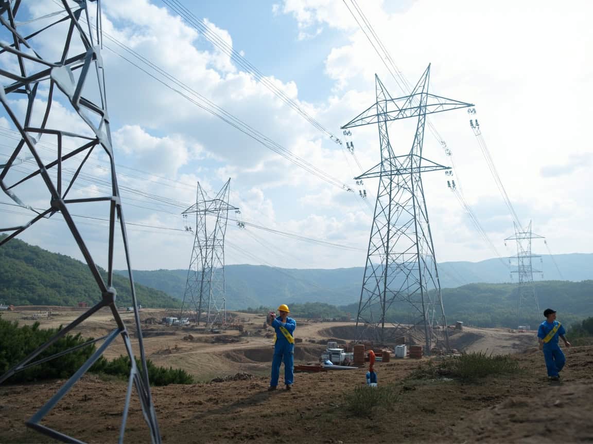 전력망 건설 현장에서 일하고 있는 엔지니어와 작업자들