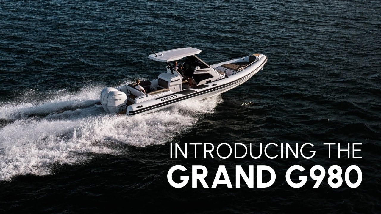 Grand G980 Video: 10 m RIB with Twin-Stepped Hull Video Thumbnail: Introducing The Grand G980: 10 Metre RIB with Double Berth Cabin & Twin Stepped Hull