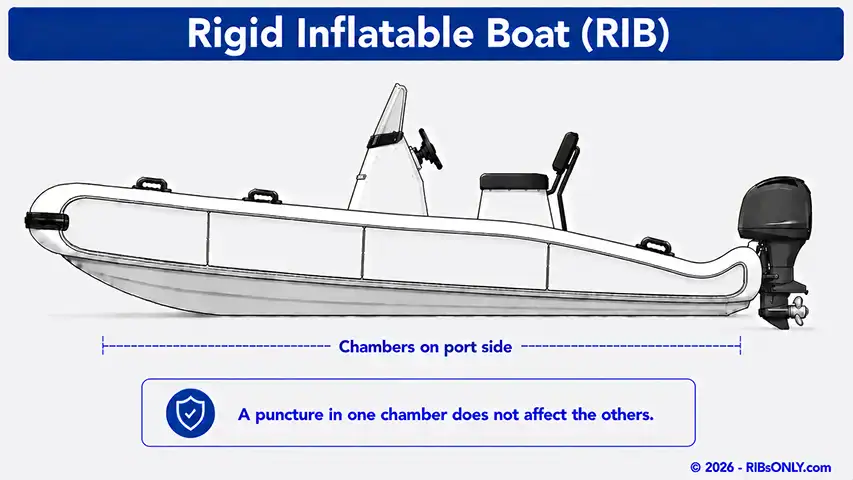 Can a RIB Sink? Diagram showing RIB tube buoyancy with one chamber deflated @ RIBs ONLY - Home of the Rigid Inflatable Boat