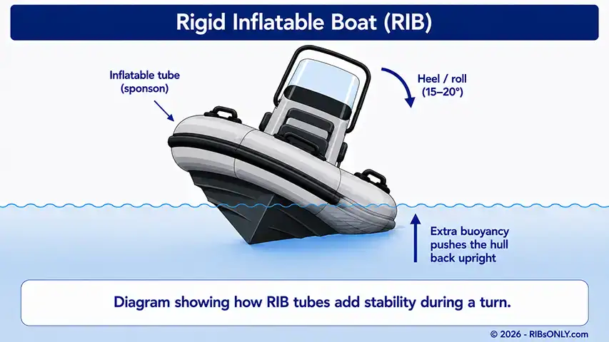Why Do RIBs Have Inflatable Tubes? Diagram showing how RIB tubes add stability during a turn @ RIBs ONLY - Home of the Rigid Inflatable Boat